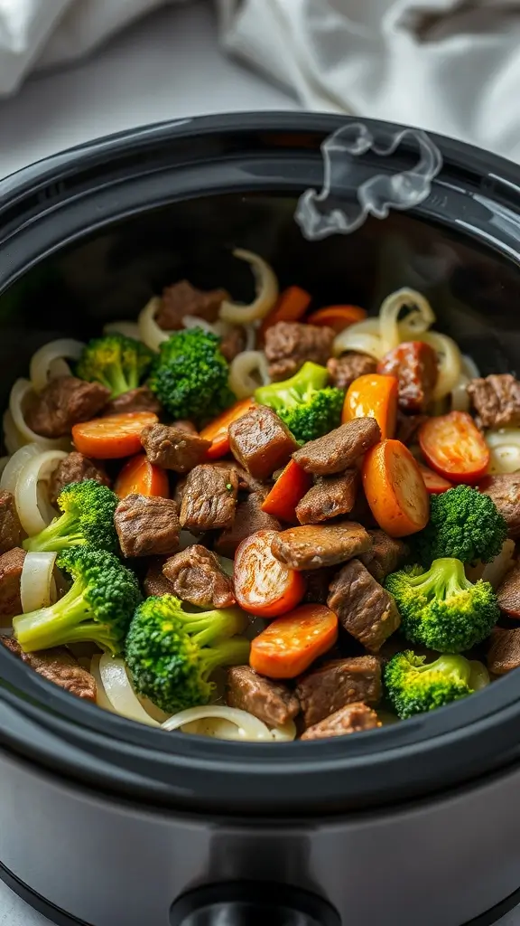 A delicious beef and broccoli stir-fry in a crockpot, featuring tender beef, vibrant broccoli, and colorful carrots.