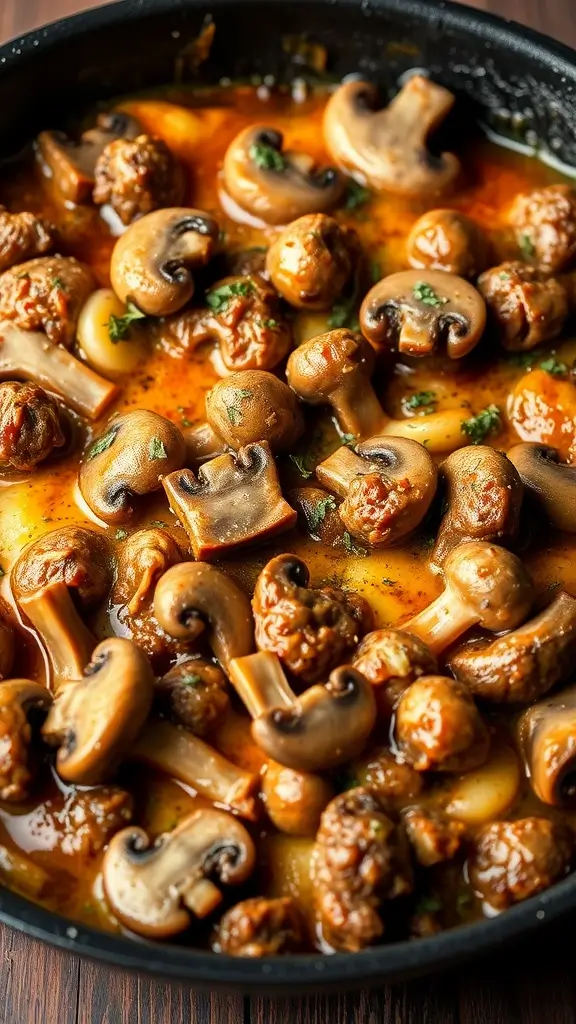 A delicious beef and mushroom casserole in a black skillet.