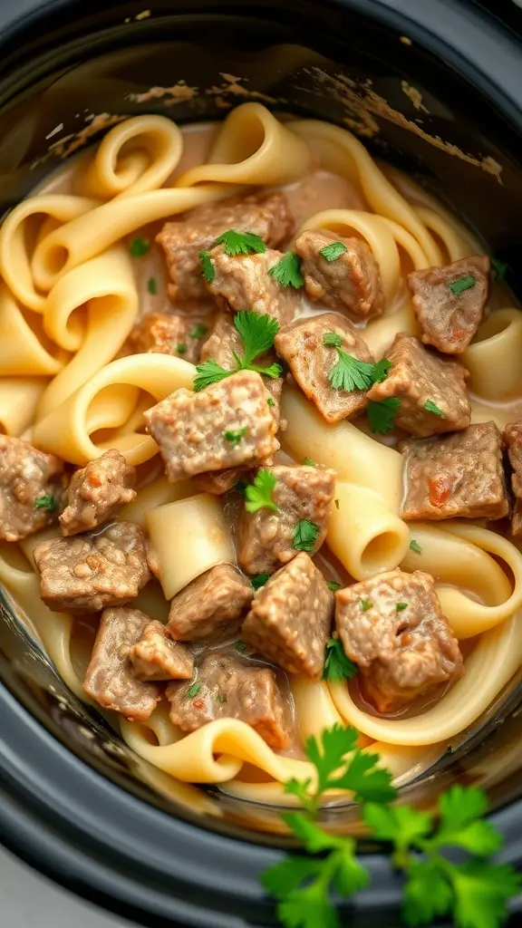 A delicious plate of beef stroganoff with egg noodles garnished with parsley.