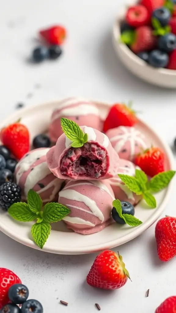 Berry Bliss Fat Bombs served on a plate with fresh berries and mint.