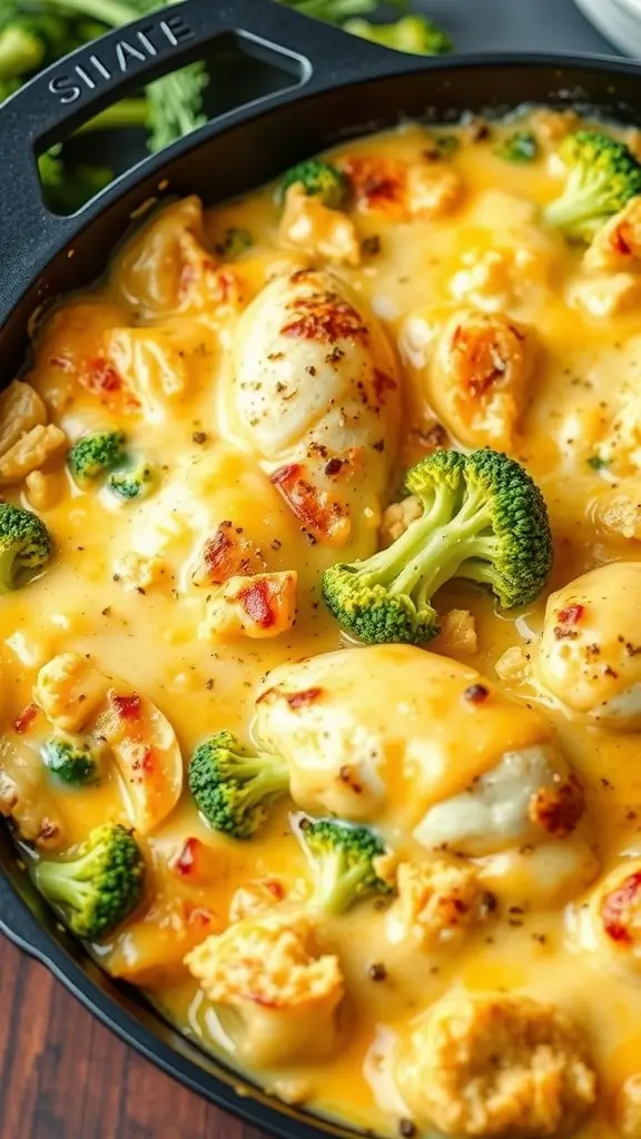 A delicious Broccoli Cheddar Chicken Bake dish, featuring chicken, broccoli, and melted cheese.