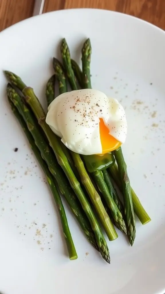 A plate of buttered asparagus topped with a poached egg, seasoned with salt and pepper.
