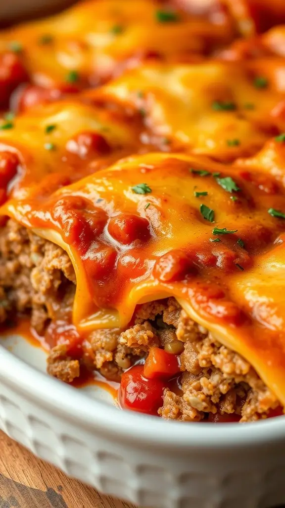 A delicious Cabbage Roll Casserole with layers of cabbage, meat, and sauce.
