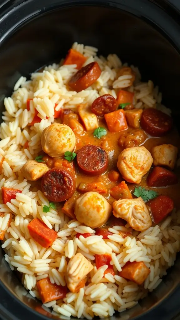 A delicious serving of Cajun Chicken and Sausage Jambalaya in a crockpot.