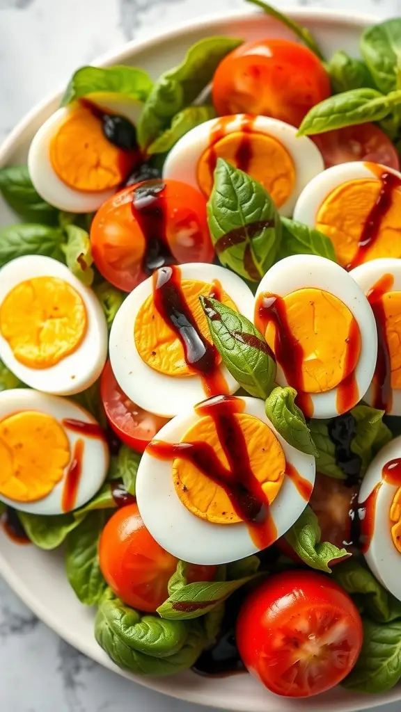 A vibrant Caprese Salad with sliced boiled eggs, fresh spinach, cherry tomatoes, and a balsamic drizzle.
