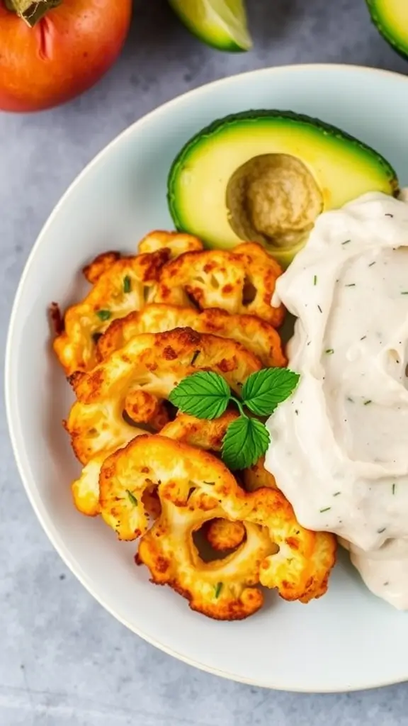 Cauliflower hash browns served with avocado and a creamy dip.