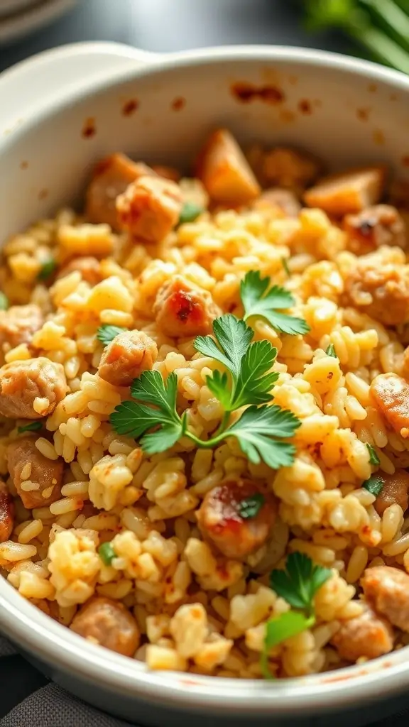 A bowl of cauliflower rice and turkey casserole garnished with herbs.