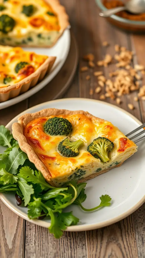 Slice of cheddar and broccoli quiche on a plate with fresh herbs