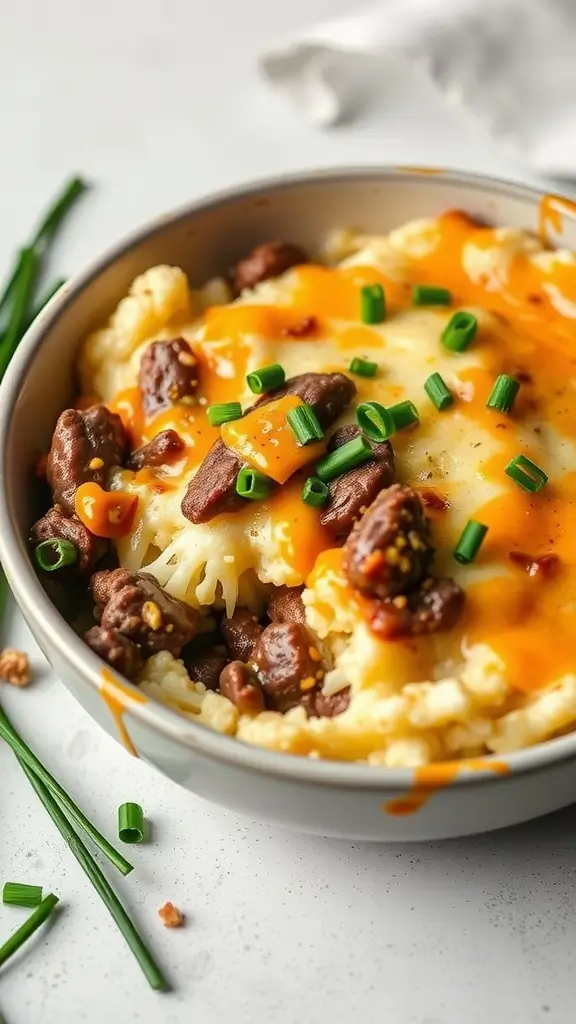 A bowl of cheesy beef and cauliflower mash topped with shredded cheese and green onions.