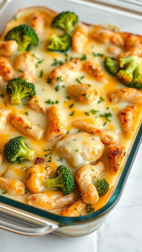 Cheesy Broccoli and Chicken Bake with broccoli and creamy sauce