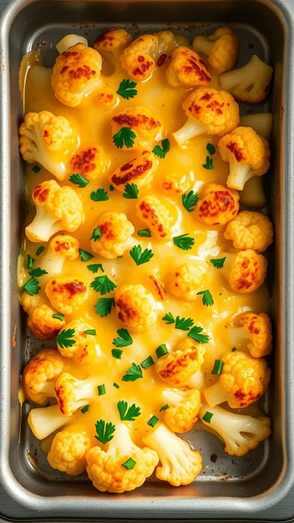A delicious cheesy cauliflower bake topped with parsley.