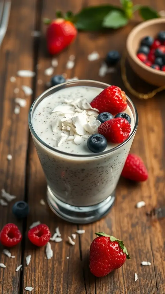 A glass of chia seed pudding topped with berries and coconut flakes