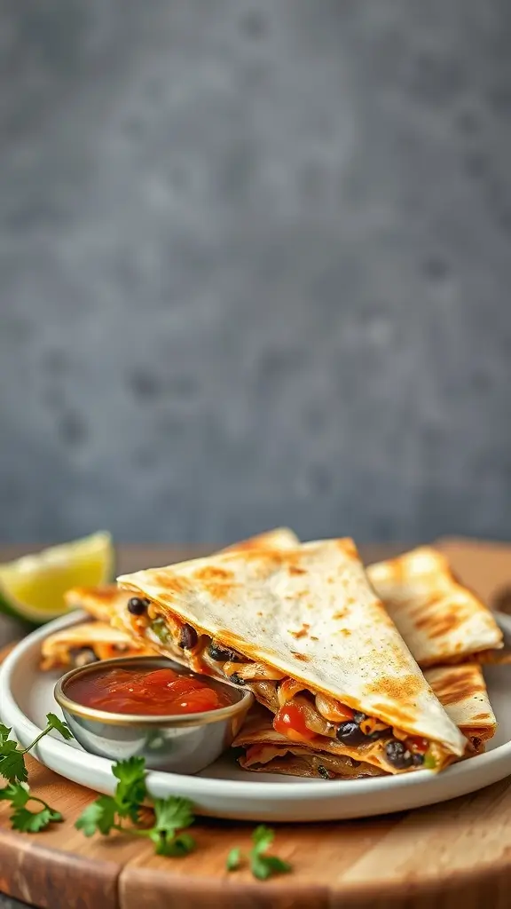Delicious chicken and black bean quesadillas served with salsa