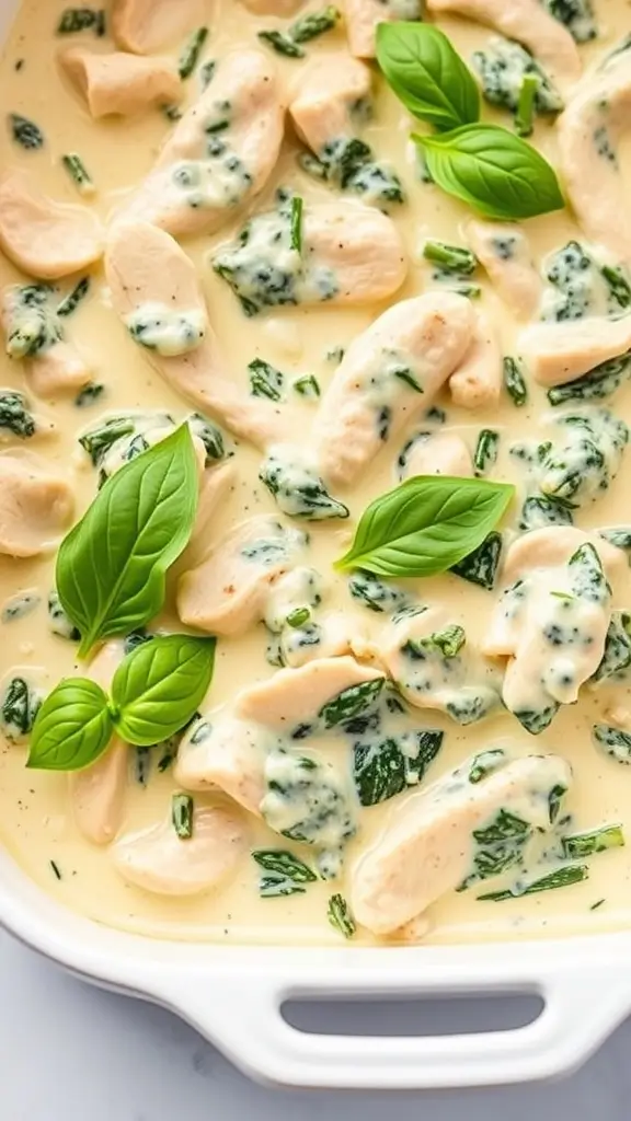 A creamy chicken and spinach alfredo casserole topped with fresh basil leaves.