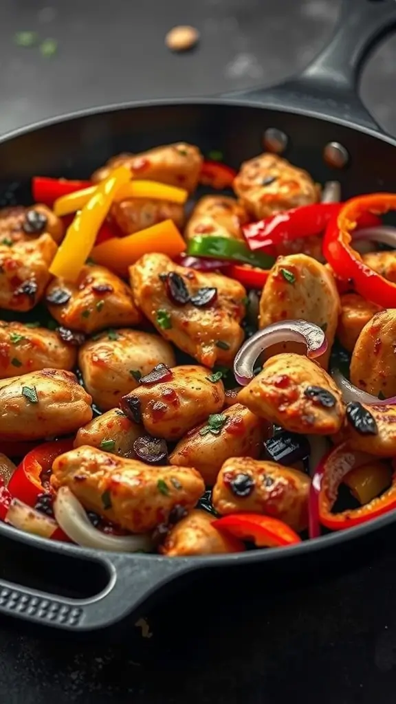 A delicious platter of chicken fajitas with slices of colorful peppers and onions.