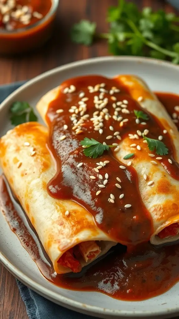 Chicken mole enchiladas topped with sesame seeds and cilantro