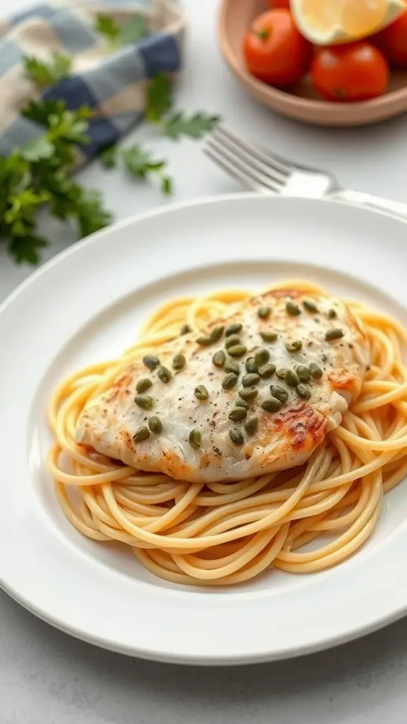 A delicious plate of Chicken Piccata with Capers served over spaghetti.