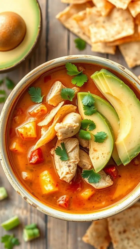 A delicious bowl of Chicken Tortilla Soup garnished with avocado and cilantro.