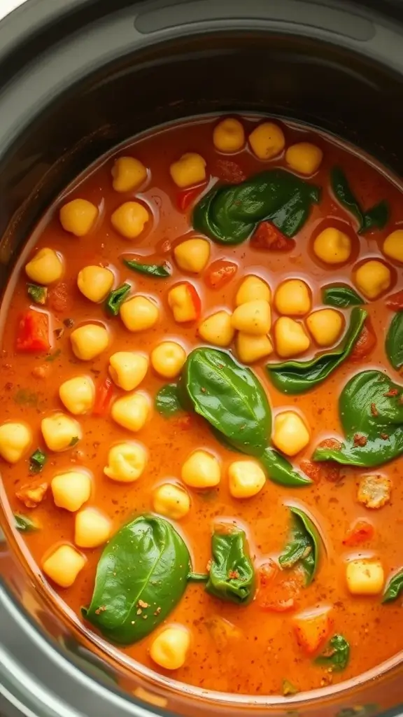A bowl of chickpea and spinach stew in a crockpot