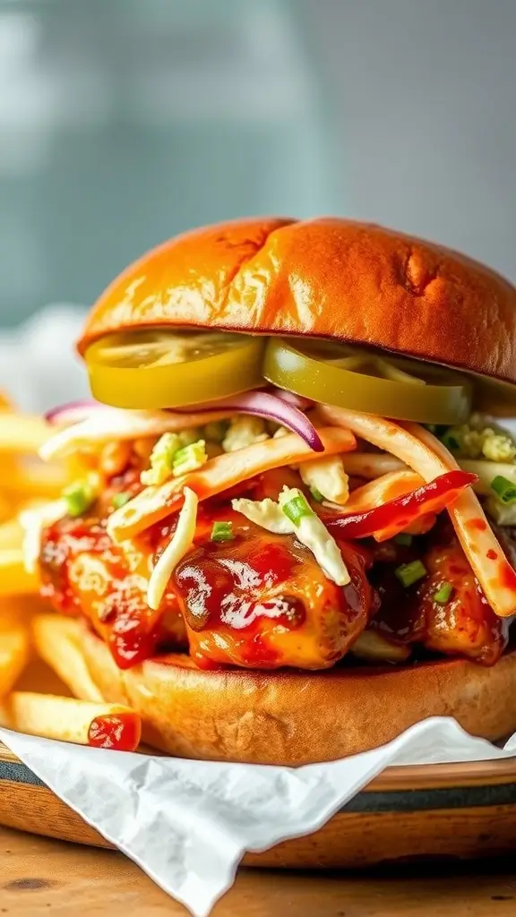 A delicious chipotle BBQ chicken sandwich with fresh ingredients.