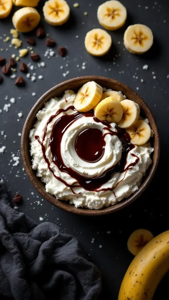 Chocolate Banana Cottage Cheese Bowl with banana slices and chocolate syrup