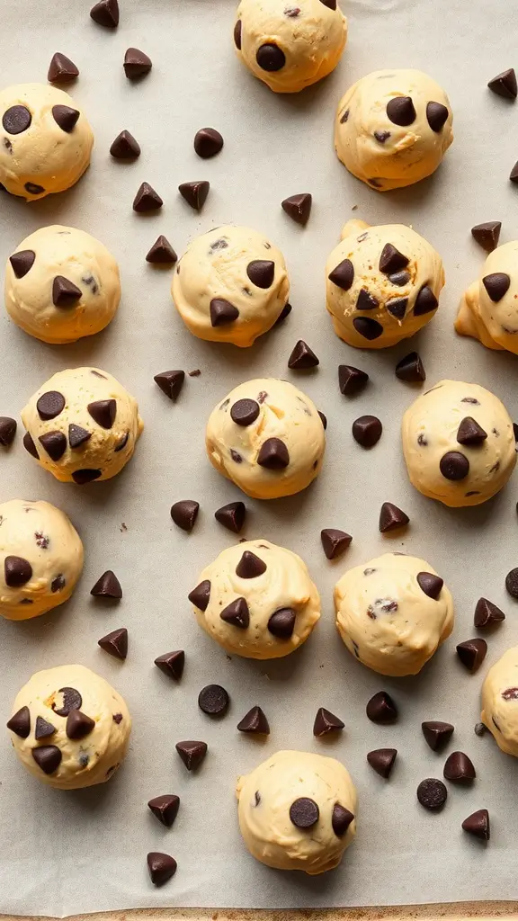 Chocolate chip cookie dough fat bombs prepared on a baking sheet