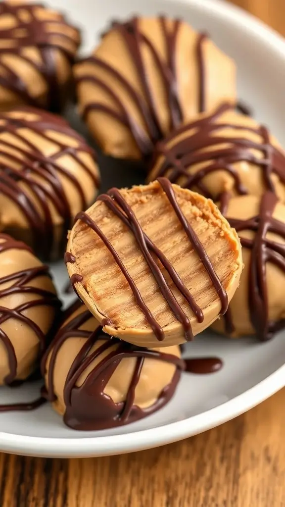 Chocolate peanut butter fat bombs drizzled with chocolate on a plate