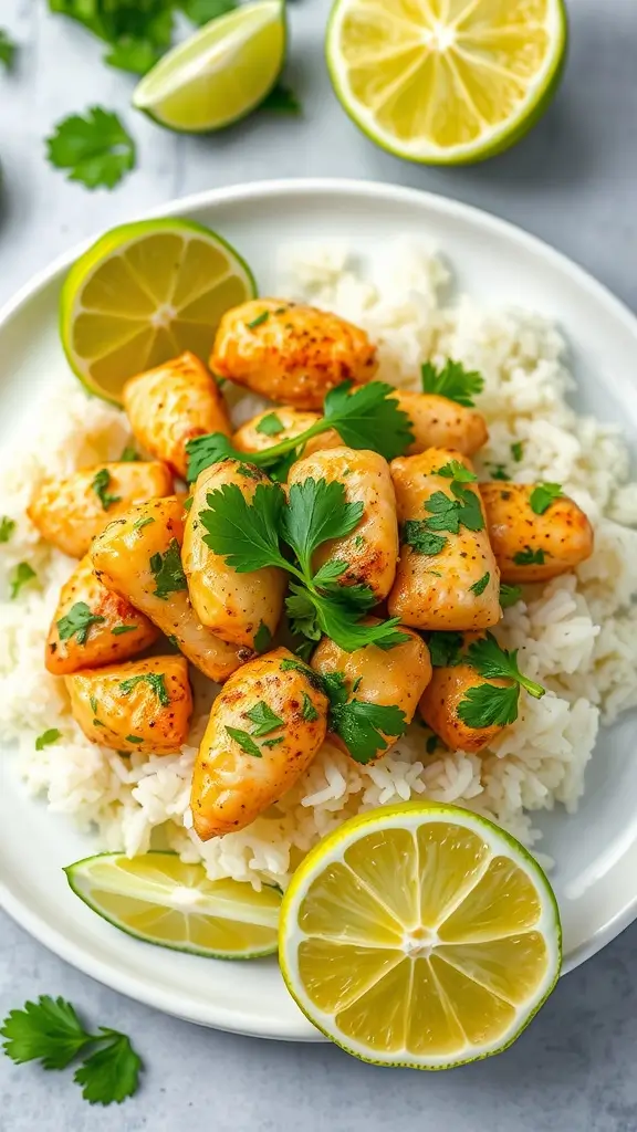 A plate of cilantro lime chicken served over rice with lime wedges and cilantro garnish.