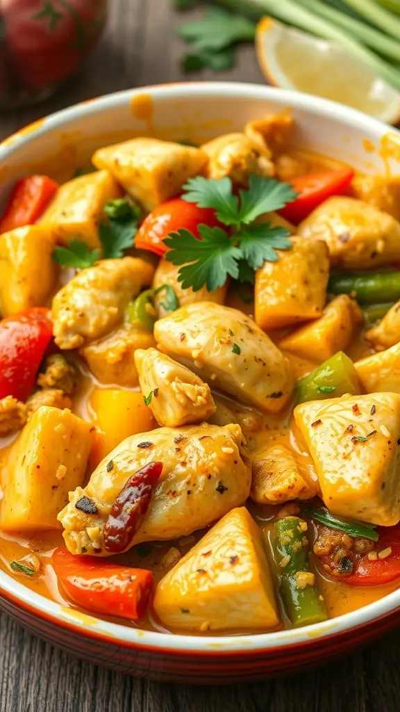 A colorful bowl of Coconut Curry Chicken Casserole featuring chicken, mixed vegetables, and coconut milk