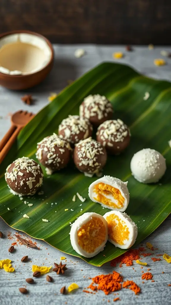 Coconut Curry Fat Bombs on a banana leaf with shredded coconut topping.