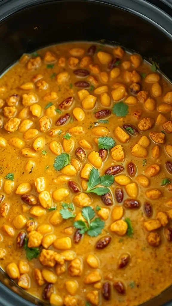 A bowl of coconut curry lentils with vibrant colors and garnished with herbs.