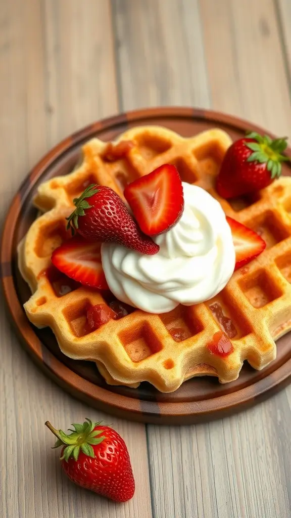 Coconut Flour Waffles topped with whipped cream and strawberries