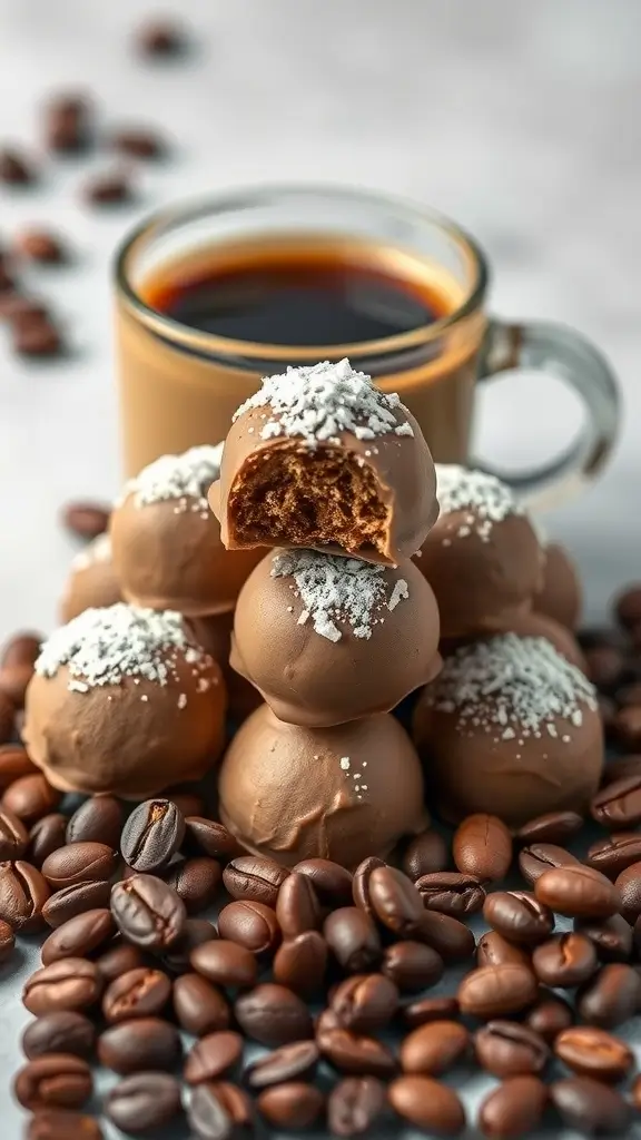 A stack of coffee mocha fat bombs with a bite taken out, surrounded by coffee beans and a cup of coffee.