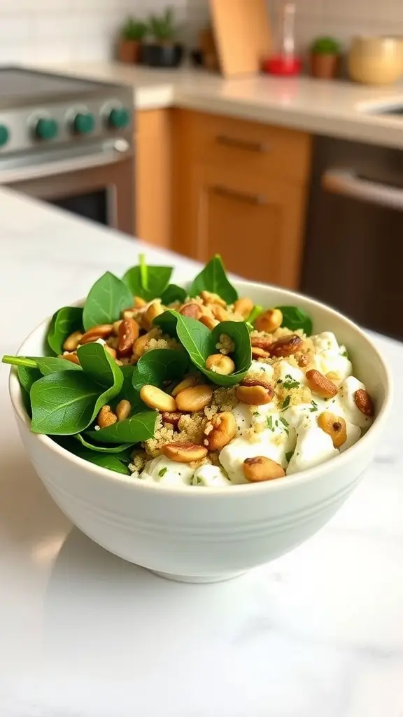 A healthy Cottage Cheese and Quinoa Power Bowl filled with greens and nuts.