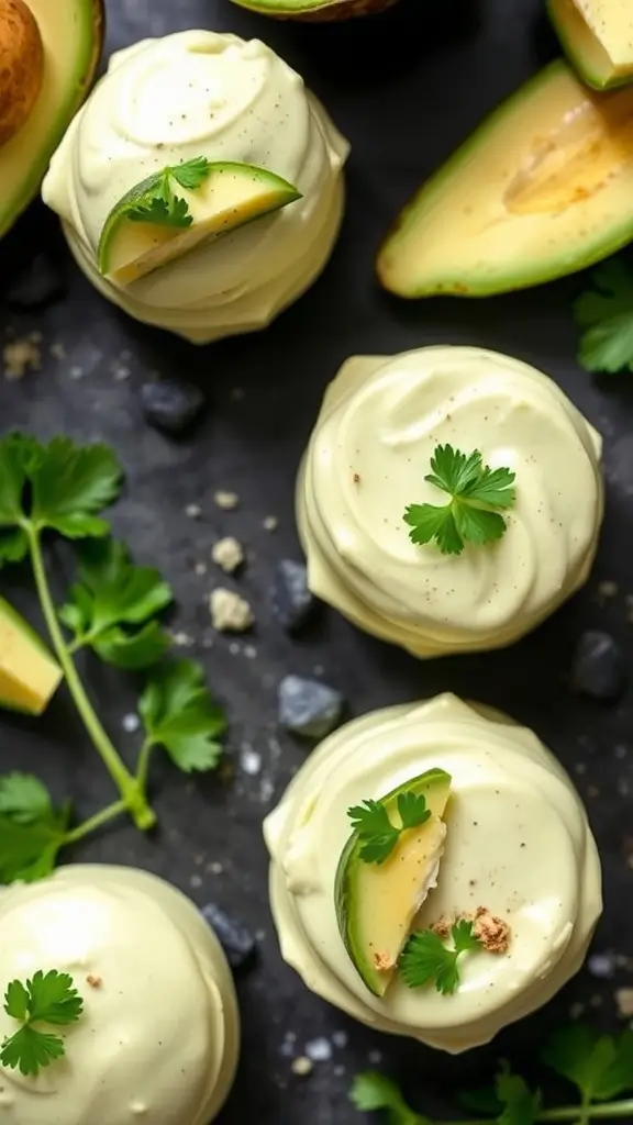 Creamy avocado fat bombs topped with fresh herbs