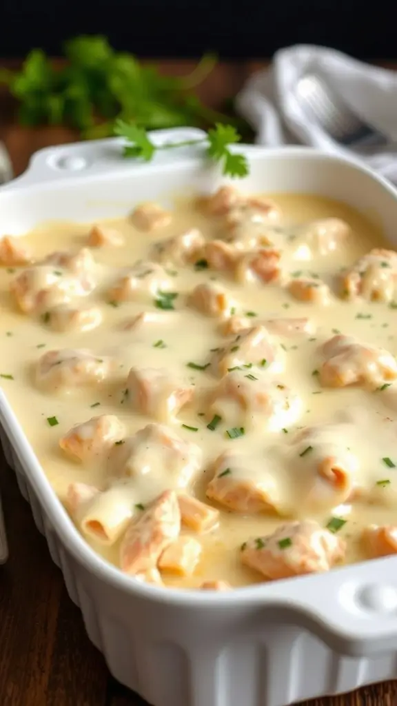 A creamy chicken alfredo casserole in a white baking dish topped with parsley