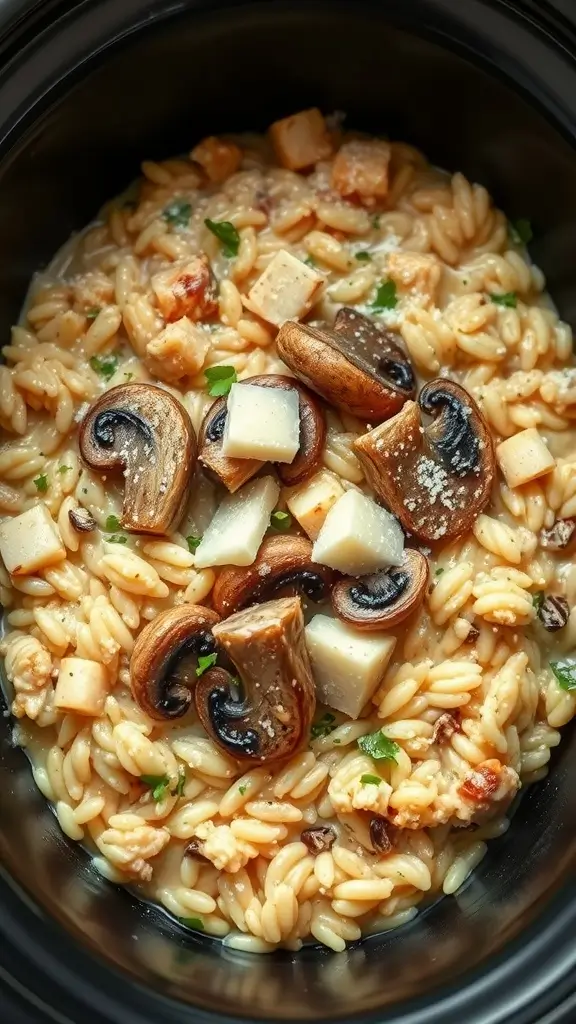 A creamy chicken and mushroom risotto in a crockpot, garnished with fresh parsley.