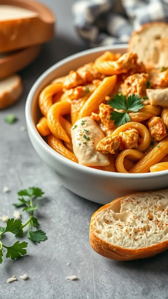 A bowl of creamy chipotle chicken pasta garnished with cilantro and served with bread