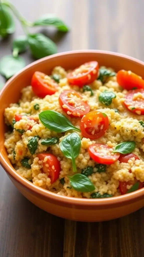 A vibrant serving of creamy tomato and spinach quinoa bake topped with fresh basil.