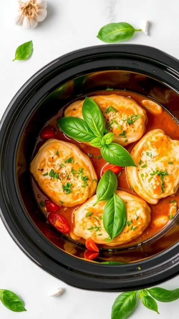 Creamy tomato basil chicken in a crockpot