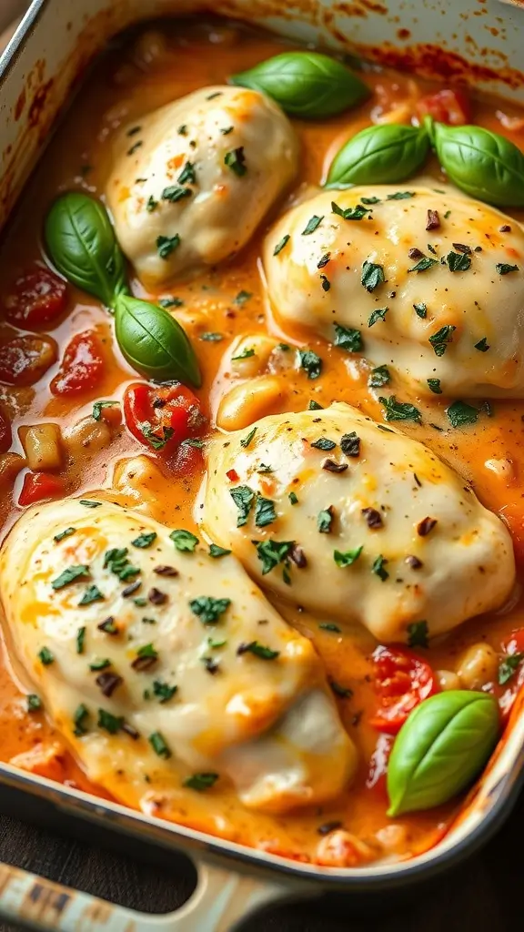 A creamy tomato basil chicken casserole topped with herbs.
