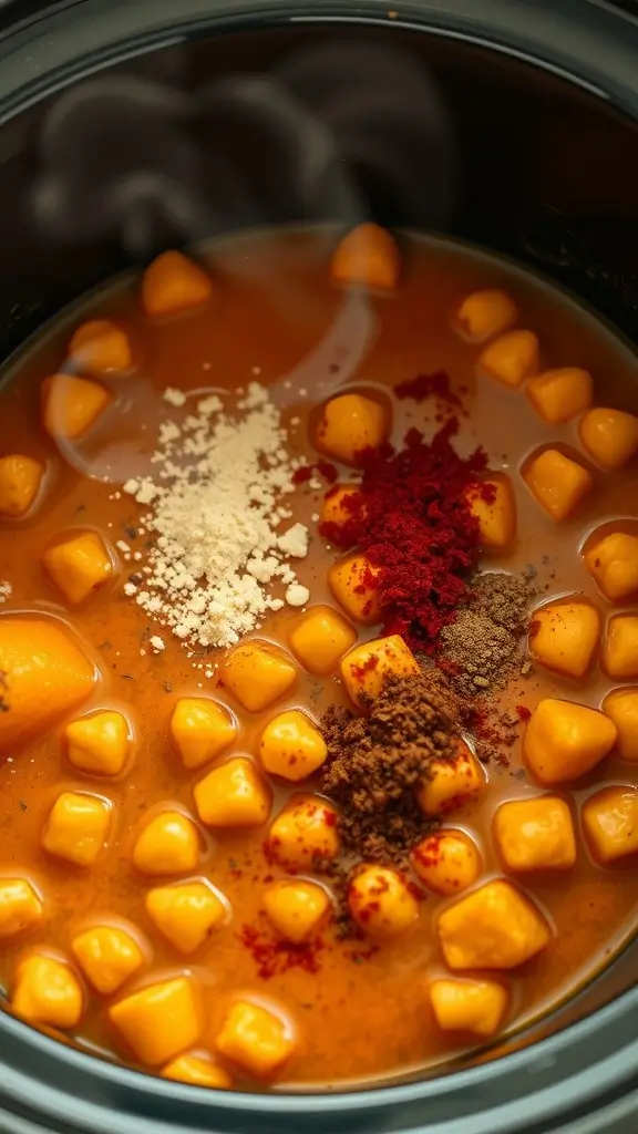 A bowl of curried chickpea and pumpkin stew with spices sprinkled on top.