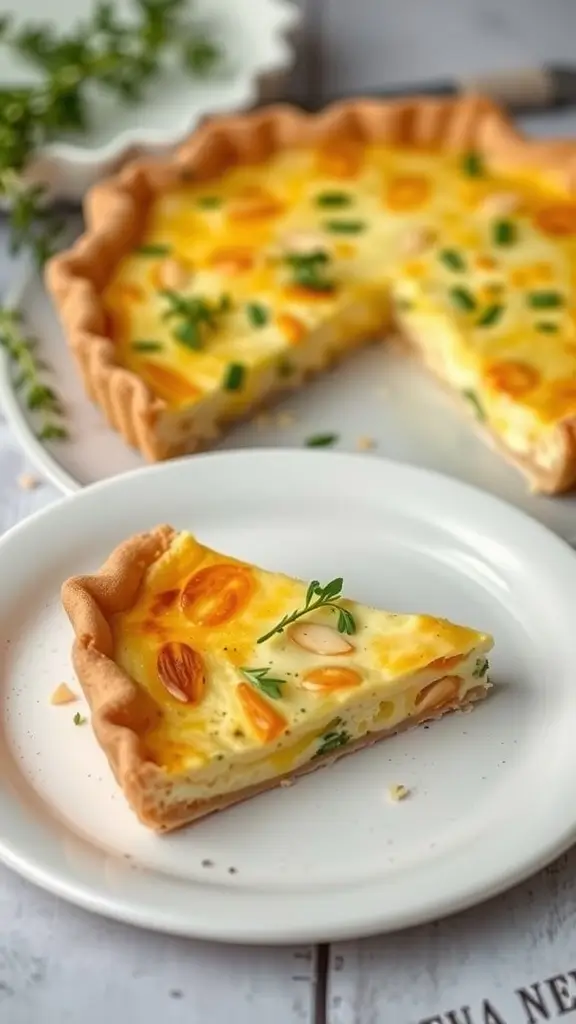 A slice of egg and cheese quiche with an almond crust on a plate.