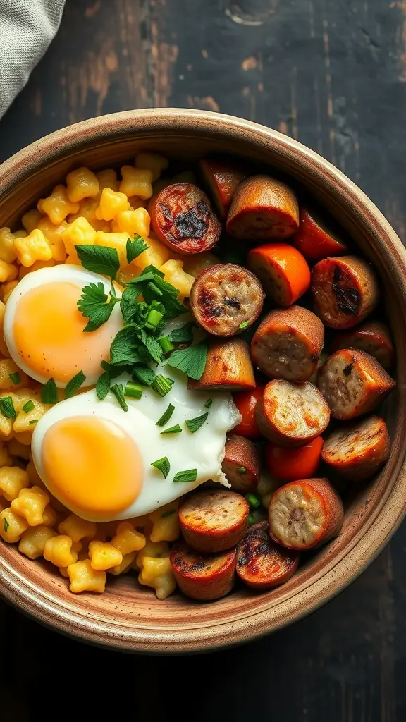 A hearty breakfast bowl with eggs, sausage, and vegetables.