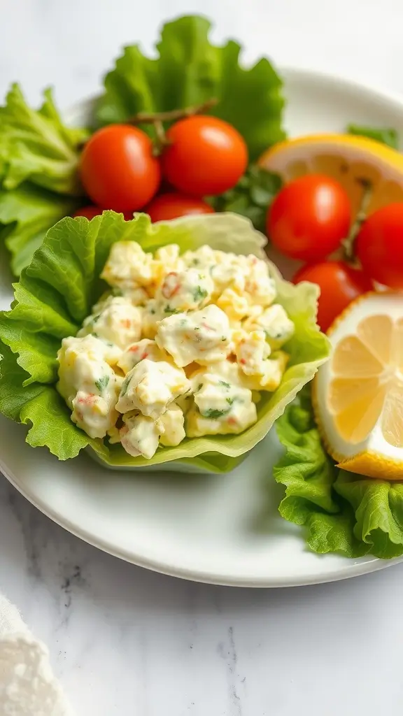 Egg salad served in lettuce wraps with cherry tomatoes.