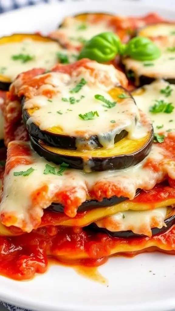 A delicious Eggplant Parmesan Casserole with layers of cheese, sauce, and eggplant - 19 Low-Carb Keto Casseroles