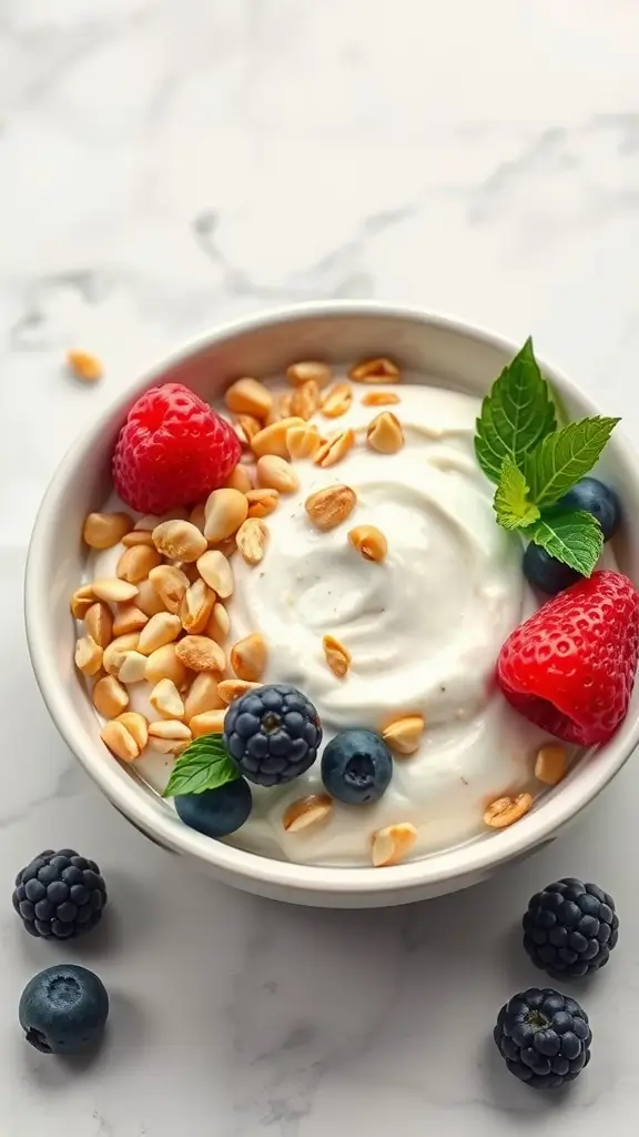 Bowl of Greek yogurt topped with nuts, berries, and mint leaves