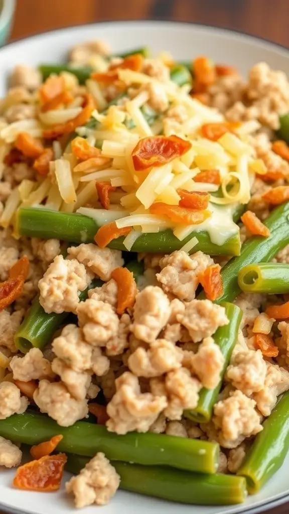 Ground turkey and green bean casserole in a bowl