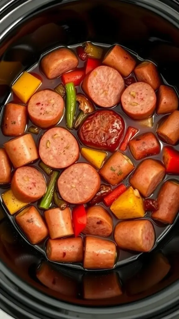 A colorful crockpot filled with sliced Italian sausage and assorted peppers.