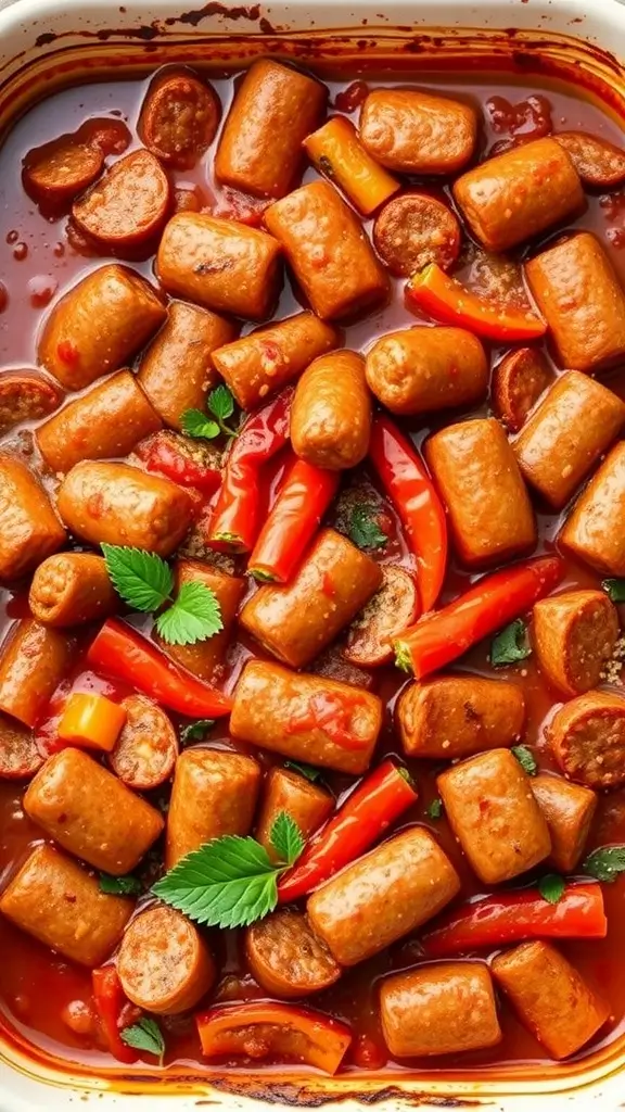 A dish of Italian sausage and peppers casserole with bright colors and rich sauce.